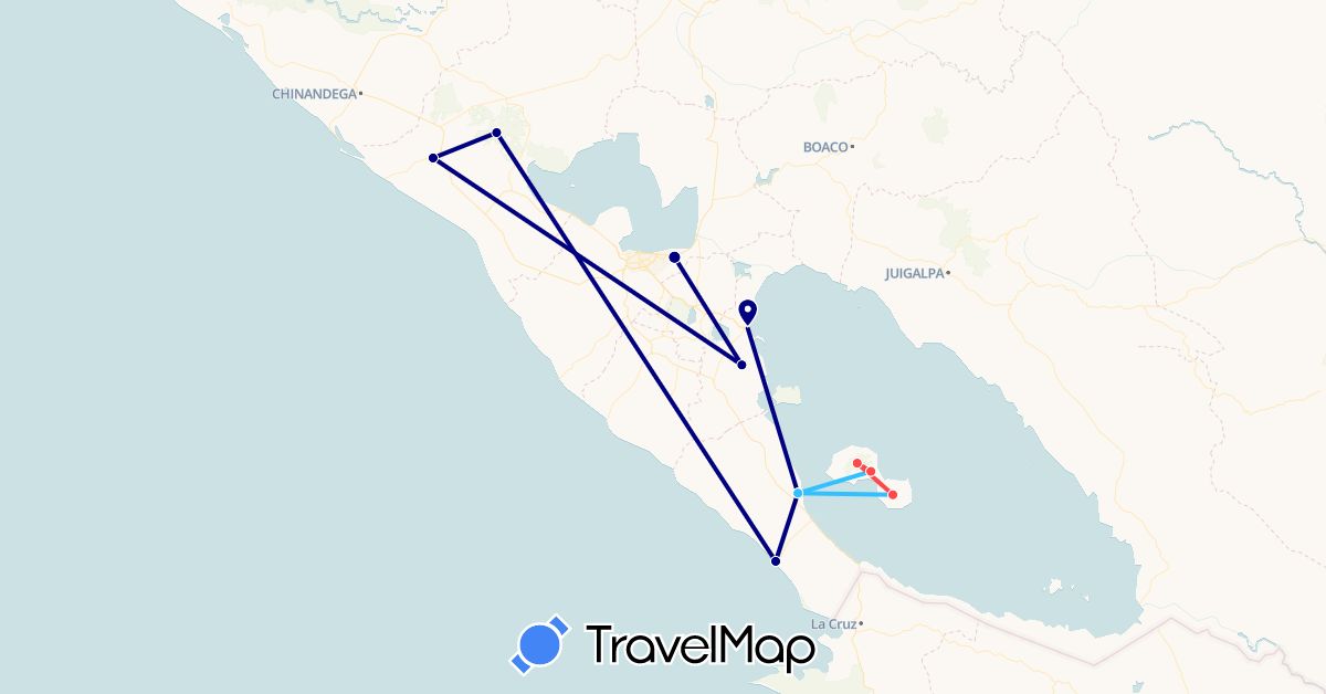 TravelMap itinerary: driving, plane, hiking, boat in Nicaragua (North America)
